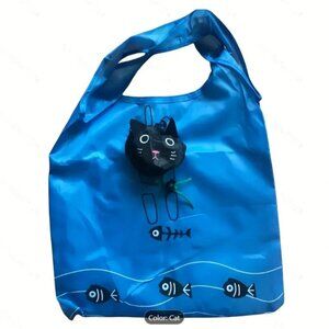 Black Cat Packable Shopping Tote Folds to Cute Cat Face